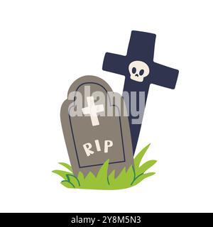 Flache Vektor-Illustration eines gruseligen Friedhofs, perfekt für Halloween-Motive Stock Vektor
