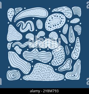 Handgezeichnetes Muster mit verschiedenen abstrakten, organischen Formen und Linien in Blautönen, die ein verspieltes und strukturiertes Design schaffen. Vektorabbildung Stock Vektor