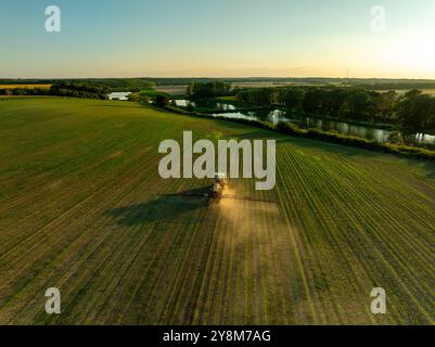 Drohnenaufnahme eines Traktors, der in üppig grünen Weizenfeldern unter der hellen Sonne sprüht und die moderne Landwirtschaft zeigt Stockfoto