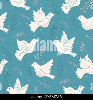Nahtloses Muster der Taube des Friedens. Fliegende Taube, die einen Olivenzweig auf blaublauem Himmel hält. Oberflächenmuster mit festlichem Vogelmotiv. Vecto Stock Vektor