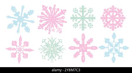 Satz Schneeflocken. Dekorationselemente in Pastelltönen für die Wintersaison und die Weihnachtsfeiertage. Vektor Hand gezeichnet flache Sammlung Illustration isoliert Stock Vektor