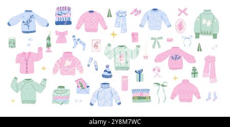 Set aus Elementen für den Winterurlaub und kuscheliger Kleidung. Vektor Hand gezeichnet flache Sammlung Illustration isoliert auf weißem Hintergrund. Stock Vektor