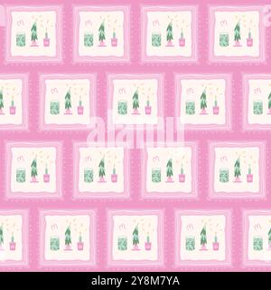 Nahtloses Muster der Weihnachtskerzen. Pinkfarbener Flickenteppich mit endlosem Hintergrund. Gesteppter, wiederkehrender Überzug für Feiertage. Winter Preppy durchgehende Ornament. Vektor Stock Vektor