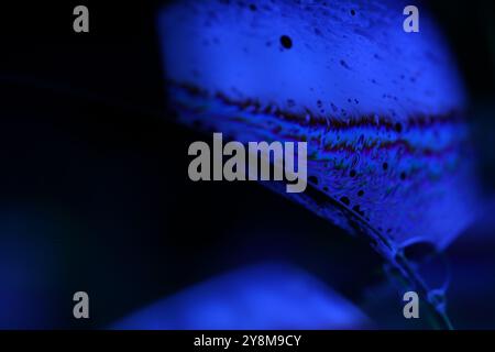 Lila Flüssigkeit auf dunklem Hintergrund, helle Kugel, fantastischer flüssiger Hintergrund, dunkle minimalistische Kunst, blau auf Schwarz, Kopierbereich, schwarzer Hintergrund Stockfoto
