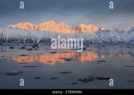 Morgenlicht, Berge, Schnee, Reflexion, Meer, Küste, Fjord, Winter, Lyngen Alps, Norwegen, Europa Stockfoto