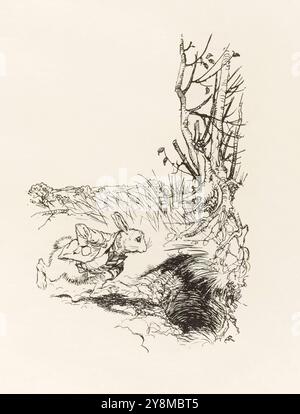 „Oh, liebe! Oh, sehr geehrte Frau! Ich komme zu spät!" Illustration aus „Alice's Adventures in Wonderland“ von Lewis Carroll (1832–1898), Kunstwerk von Arthur Rackham (1867–1939), das das weiße Kaninchen zeigt, das durch das Kaninchenloch stürzt. Foto aus einer ersten Ausgabe von 1907 mit Rackhams Illustrationen, veröffentlicht von William Heinemann, London und Doubleday, Page & Co, New York. Foto: AF Fotografie / Private Collection Stockfoto