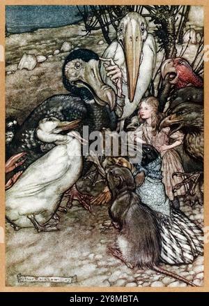 „Sie drängten sich um ihn herum, keuchelten und fragten: „Aber wer hat gewonnen?“ Illustration aus „Alice's Adventures in Wonderland“ von Lewis Carroll (1832–1898), Artwork von Arthur Rackham (1867–1939), das Alice, den Dodo, den Eaglet, die Ente, die Maus und die Lory nach dem Caucus-Rennen zeigt. Foto aus einer ersten Ausgabe von 1907 mit Rackhams Illustrationen, veröffentlicht von William Heinemann, London und Doubleday, Page & Co, New York. Foto: AF Fotografie / Private Collection Stockfoto