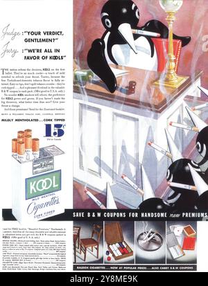 1935 Brown Williamson Kool Menthol Zigaretten Ad - Der Pinguin Stockfoto