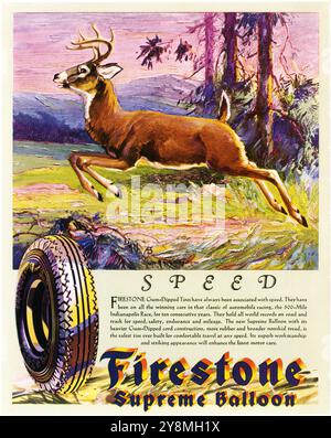 1930 Firestone Supreme Ballonreifen Werbung – „Speed“ Stockfoto
