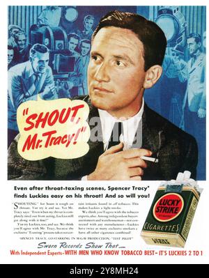 1938 Lucky Strike Zigaretten Werbung mit Spencer Tracy – „With Men Who Know Best – IT’s Luckies 2 to 1“ Stockfoto