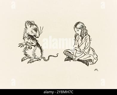 Alice and the Mouse Illustration aus Alice's Adventures in Wonderland von Lewis Carroll (1832–1898), Kunstwerk von Arthur Rackham (1867–1939), das Alice auf den Schwanz der Maus hinunterblickt. Foto aus einer ersten Ausgabe von 1907 mit Rackhams Illustrationen, veröffentlicht von William Heinemann, London und Doubleday, Page & Co, New York. Foto: AF Fotografie / Private Collection Stockfoto