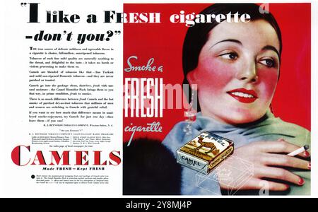 1932 Kamel-Zigaretten-Werbung - „Smoke a Fresh Cigarette“ Stockfoto