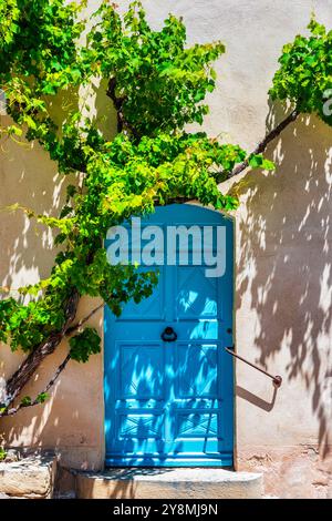 Hellblaue Tür, eingerahmt von üppigen grünen Weinbergen in einer sonnigen Umgebung im Freien mit bezaubernden architektonischen Details, Provence, Frankreich. Leuchtend blaue Tür Stockfoto