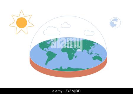 Falsche Verschwörungstheorie über den flachen Planeten Erde, Schwindel und irreführende falsche Ideen verbreiten sich in sozialen Medien und im Fernsehen. Flaches Modell des Globus mit Weltkarte, Luftkuppel, Sonne und Mond Karikaturvektor Illustration Stock Vektor