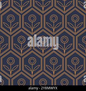 Nahtloser Hintergrund mit Art déco-Muster. Vintage ArtDeco geometrisches Dreieck-Zellenmuster mit goldenen Linien auf blauem Hintergrund. Stock Vektor