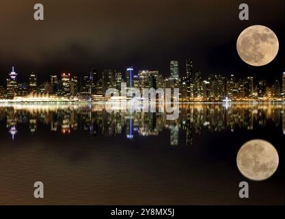 Vancouver Nacht Vollmond vom Stanley Park Stockfoto