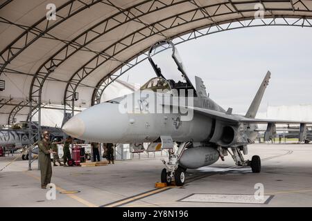 US-Marines mit Marine All-Weather Fighter Attack Squadron (VMFA (AW)) 224 bereiten eine F/A-18C Hornet für den Flug vor, die von Generalmajor William gesteuert wird Stockfoto