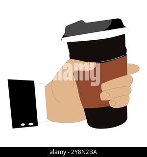 Hände, die eine Tasse Kaffee oder Tee halten, Vektor-Illustration, Hände mit Tassen. Cartoon Hand hält Kaffeetasse, Becher mit heißem Getränk und Teetasse. Stock Vektor