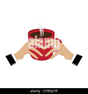 Hände, die eine Tasse Kaffee oder Tee halten, Vektor-Illustration, Hände mit Tassen. Cartoon Hand hält Kaffeetasse, Becher mit heißem Getränk und Teetasse. Stock Vektor