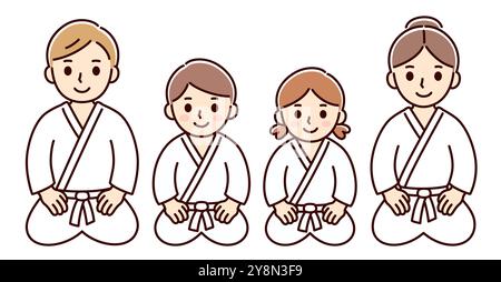 Niedliche Karikaturkinder und Erwachsene in Kampfsportuniform sitzen auf dem Boden im Seiza-Stil. Mann und Frau, Junge und Mädchen. Karate-, Aikido-, Judo-Studenten. Sim Stock Vektor