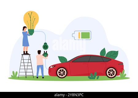 Umweltfreundliche Energielösungen, Entwicklung von Elektroladegeräten zur Schonung der Umwelt, Stadtverkehr der Zukunft. Winzige Leute verbinden helle Glühbirne und Auto Fahrzeug, um Zeichentrickvektor Illustration zu laden Stock Vektor