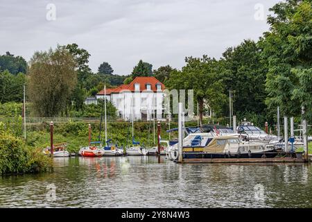 Kleiner Hafen mit Segelbooten und Yachten am Ufer des Flusses Maas vor Anker, weißes Haus umgeben von grünen Bäumen vor grauem Himmel, Wolken Stockfoto