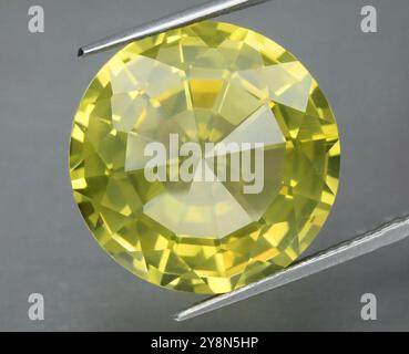 Strahlender gelber Topaz Edelstein mit brillanter Facettierung, der komplizierte Sparkles zeigt. Stockfoto