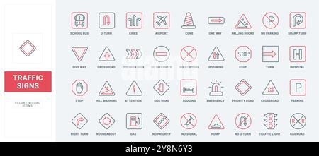 Symbol für Verkehrsschilder. Warnschilder für Fahrer zum Anhalten, benachrichtigen Bus, Flughafen und Tankstelle, achten Sie auf Abbiegungen und Kreuzungen dünne schwarze und rote Umrisssymbole Vektorillustration Stock Vektor
