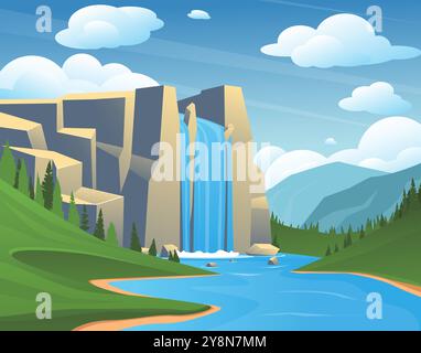 Wasserfalllandschaft. Wasser fällt aus den Bergen. Flusskaskade. Wasserlauf zwischen Steinen. Malerische Naturlandschaft. Touristenabenteuerattraktion. Wild na Stock Vektor