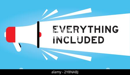 Farbiges Megaphon-Symbol mit Wort „alles“ im weißen Banner auf blauem Hintergrund Stock Vektor