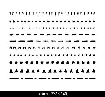 Hand gezeichnete Tusche Vektorpinsel, Tusche abstrakte Formen wie Dreiecke, Kreise, Punkte für grafisches Design. Einfarbige, handgezeichnete Hintergründe in einfarbigem Monochrom Stock Vektor