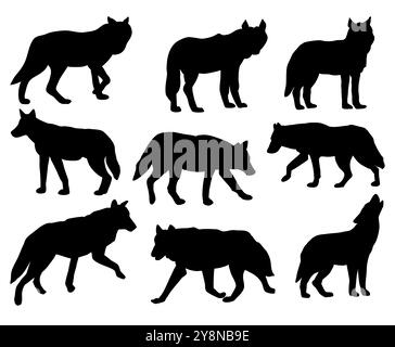 Wolf Tier Silhouetten Set, schwarzer Vektor Silhouette Design Pack, isolierter weißer Hintergrund Stock Vektor