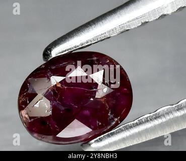 Exquisiter Naturrubinstein mit ovalem Schliff, mit komplexen Inclusions und lebendigen Farben. Stockfoto