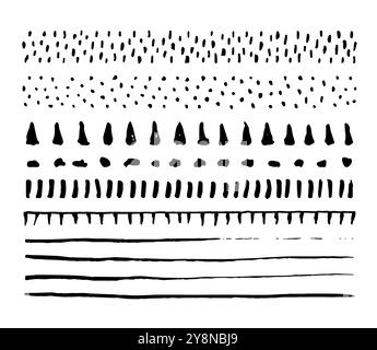 Alte Grunge-Tintenvektorpinsel in abstrakten Formen wie Punkte, Striche für Grafikdesign, Schattenerzeugung und Grunge-Texturen. Einfarbige Designelemente Stock Vektor