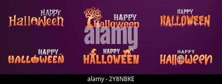 Halloween-Typografie-Design-Set mit „Happy Halloween“-Texten in Spooky-Schriftarten. Gruselige Textdesigns mit Horror-Design im 3D-Stil. Vektorabbildung. Stock Vektor