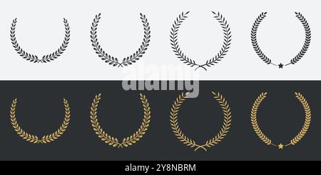 Laurel Wreath Symbolsatz. Alte Lorbeerkränze. Sammlung schwarzer Lorbeerzweige. Handgezeichnete Silhouette Lorbeerkränze isolierte Rahmen. Stock Vektor