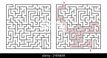 Quadratisches Labyrinth mit Lösung. Einfaches Logikspiel, Labyrinth-Herausforderung mit ein- und Ausstieg. Illustration des isolierten Labyrinthvektors Stock Vektor