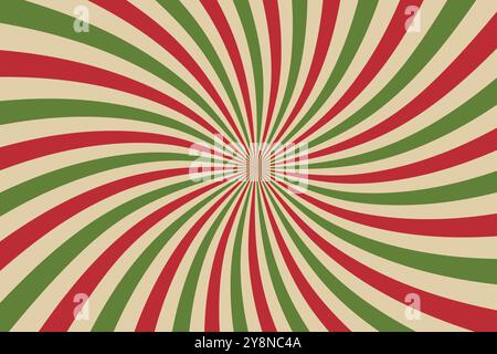 Rotes und grünes Vintage radialer Sonnenstrahl Vektor Hintergrund Banner. Hintergrund der Weihnachtssonne. Zirkusstil für Karneval. Hintergrund mit Comic-Streifen. Stock Vektor