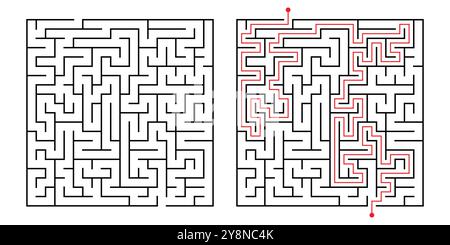 Kompliziertes Labyrinth-Puzzle mit Lösungsleitfaden. Ein quadratisches Labyrinth-Spiel mit ein- und Ausstiegspunkten. Isolierter Vektor für Puzzler. Stock Vektor