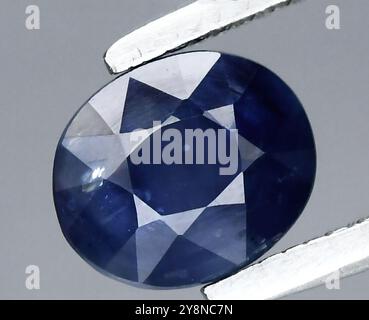 Exquisites tiefblaues Oval geschliffenes natürliches Saphir-Edelstein mit Präzision. Stockfoto