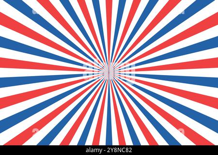 Rotes, blaues und weißes Vintage radialer Sonnenstrahl Vektor Hintergrund Banner. Hintergrund der US-Flagge. Friseur Pole Sunburst Vektor. Stock Vektor