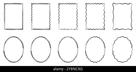 Satz rechteckiger und ovaler Pinselstrichrahmen mit welligen Kanten auf weißem Hintergrund. Knallige Vintage-Borte. Geometrische, wackelige Ränder. Stock Vektor