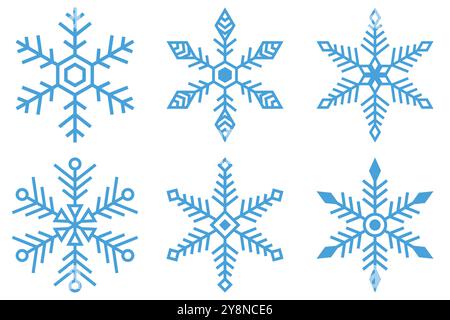 Schneeflocken-Symbole in Strichgrafik. Schneeschilder Kollektion, perfekt für Winter und Urlaub. Isoliertes Frostkristall-Vektordesign auf weißem Hintergrund. Stock Vektor