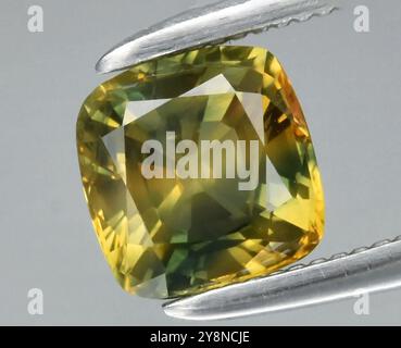 Fesselnder Radiant Cushion Cut natürlicher Edelstein mit satten Gelb- und Grüntönen. Stockfoto