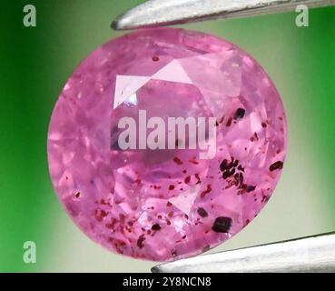 Exquisiter Naturstein mit ovalem Schliff in Pink mit komplexen Einschlüssen und brillantem Glanz. Stockfoto