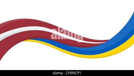 Gewelltes Bandbanner der Nationalflagge der Ukraine mit der Nationalflagge Lettlands. Symbol für Einheit und Zusammenarbeit. Logo für gemeinnützige Veranstaltungen, NGO, Sportmannschaften Stock Vektor