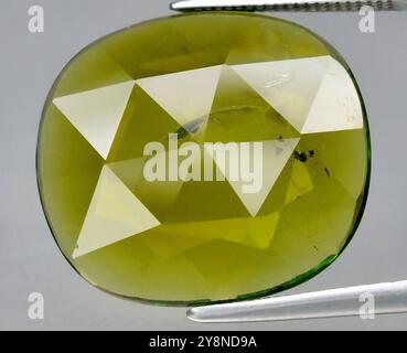 Atemberaubender Peridot-Edelstein mit ovalem Schliff glänzt mit Brillanz und Klarheit. Stockfoto