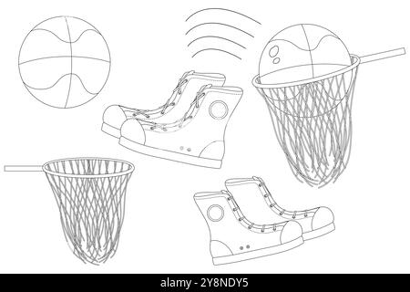 Lustige Ausmalseiten im Basketball-Stil mit Sneakers, Basketballkörben und einem Ball. Ideal für kreative Unterrichtsaktivitäten. Stock Vektor