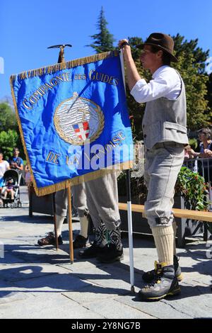 Compagnie des Guides de la Vanoise. Drapeau. Fête des Guides de la Compagnie des Guides de Saint-Gervais Mont-Blanc. Saint-Gervais-les-Bains. Haute-Sa Stockfoto