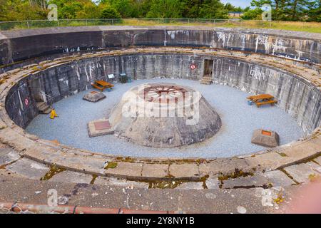 Die Kanone auch für die deutsche WW2 super Kanone im Hansholm Bunker Museum. Dänemark. Stockfoto